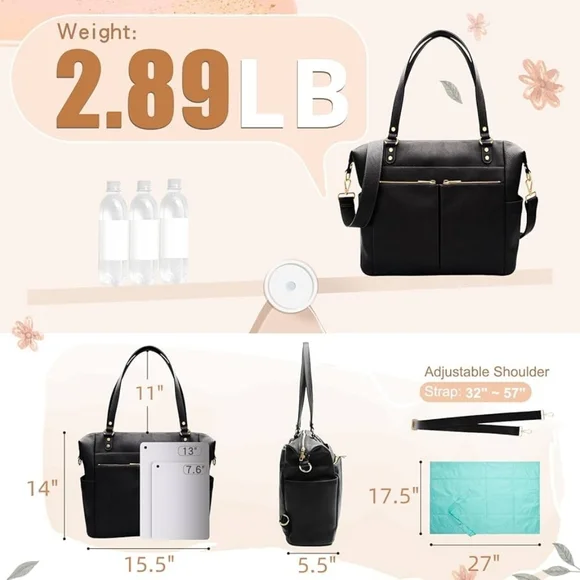 Mominside Black Leather Baby Diaper Bag Backpack, 14 Pockets & Changing Pad - Picture 4 of 16